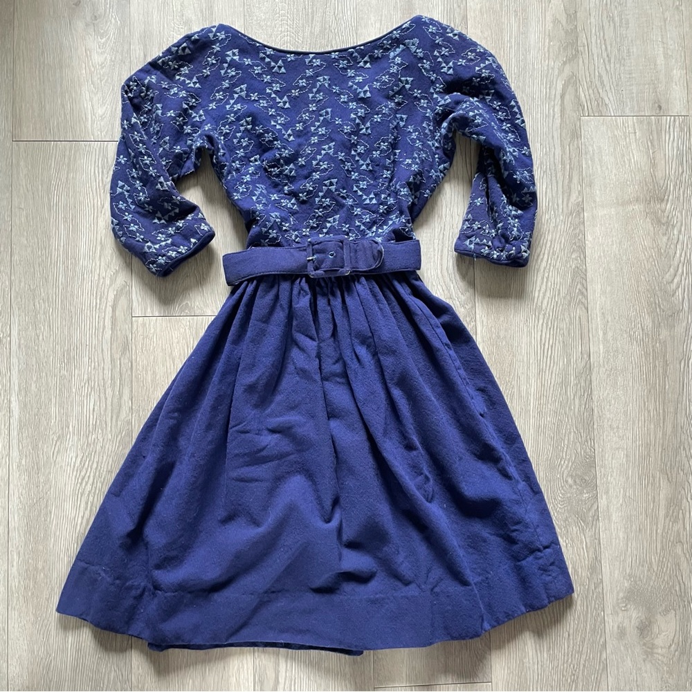 Vintage Hand Made Navy blue dress with floral embroidery and belt